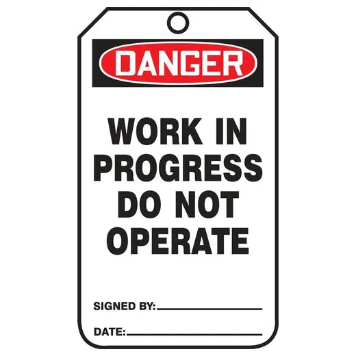 Safety Tags, DANGER WORK IN PROGRESS DO NOT OPERATE, 5.75in x 3.25in, RP-Plastic, 5PK