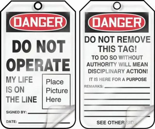 Accuform MDT016LPM OSHA Danger Safety Tag: Do Not Operate - My Life Is On The Line (Place Picture Here)