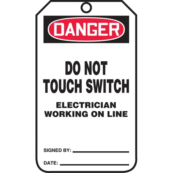 Accuform MDT107PTM OSHA Danger Safety Tag: Do Not Touch Switch - Electrician Working On Line