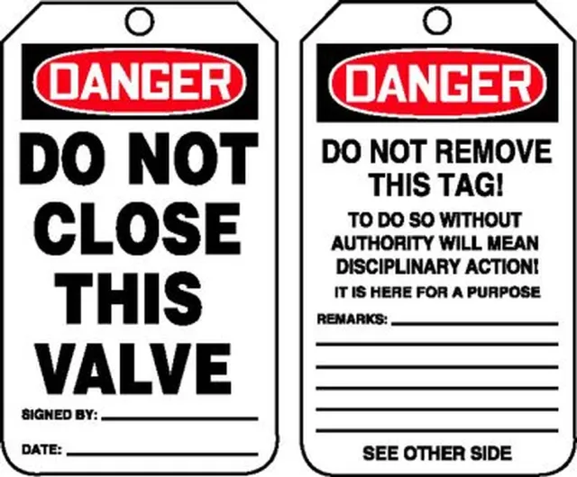 Safety Tags, DANGER DO NOT CLOSE THIS VALVE, 5.75in x 3.25in, RP-Plastic, 5PK