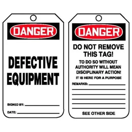 Accuform MDT122LTP 8-1/2"" x 3-7/8"" OSHA Danger Safety Tag: Defective Equipment, HS-Laminate