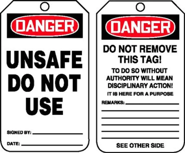 Safety Tags, DANGER UNSAFE DO NOT USE, 5.75in x 3.25in, HS-Laminate, 25PK