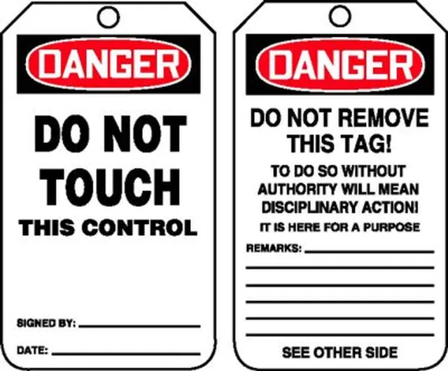 Safety Tags, DANGER DO NOT TOUCH THIS CONTROL, 5.75in x 3.25in, RP-Plastic, 25PK