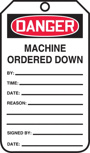 Accuform MDT137LTM OSHA Danger Safety Label: Machine Ordered Down