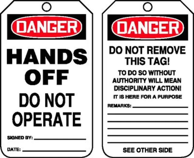 Safety Tags, DANGER HANDS OFF DO NOT OPERATE, 5.75in x 3.25in, HS-Laminate, 25PK