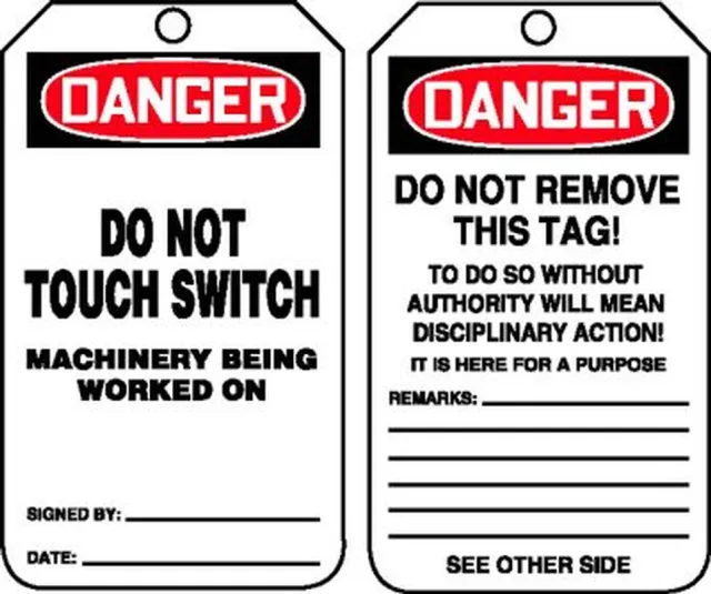 Safety Tags, DANGER DO NOT TOUCH SWITCH MACHINERY BEING WORKED ON, 5.75in x 3.25in, RP-Plastic, 5PK