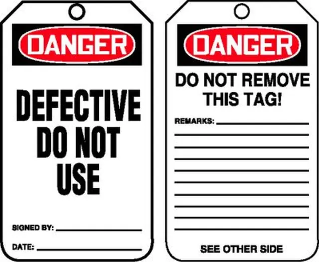 Safety Tags, DANGER DEFECTIVE DO NOT USE, 5.75in x 3.25in, RP-Plastic, 25PK