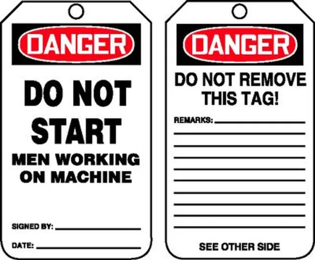 Safety Tags, DANGER DO NOT START MEN WORKING ON MACHINE, 5.75in x 3.25in, RP-Plastic, 5PK
