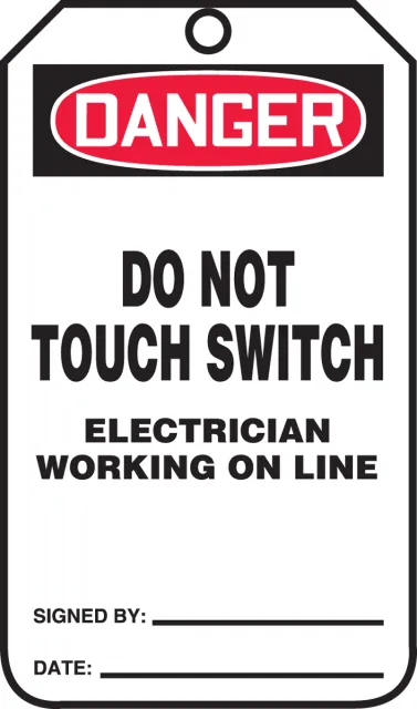 Accuform MDT213PTP OSHA Danger Safety Tag: Do Not Touch Switch - Electrician Working On Line