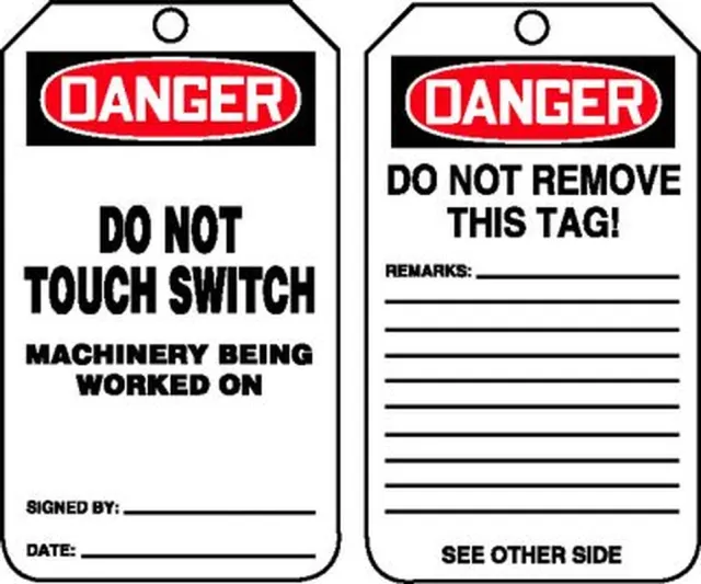 Safety Tags, DANGER DO NOT TOUCH SWITCH MACHINERY BEING WORKED ON, 5.75in x 3.25in, RP-Plastic, 5PK