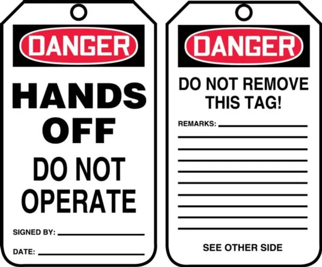 Safety Tags, DANGER HANDS OFF DO NOT OPERATE, 5.75in x 3.25in, HS-Laminate, 25PK