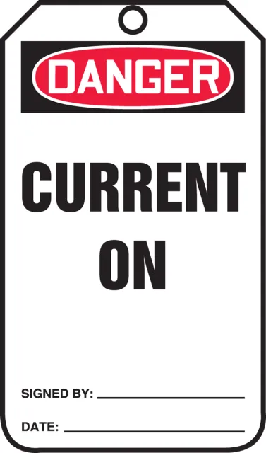 Safety Tags, DANGER CURRENT ON, 5.75in x 3.25in, RP-Plastic, 5PK