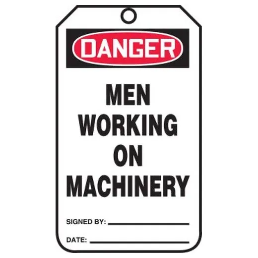 Accuform MDT294PTM 8-1/2"" x 3-7/8"" OSHA Danger Safety Tag: Men Working On Machinery, RP-Plastic