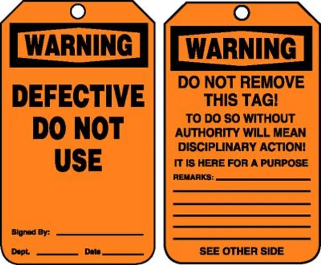 Safety Tags, WARNING DEFECTIVE DO NOT USE, 5.75in x 3.25in, RP-Plastic, 25PK