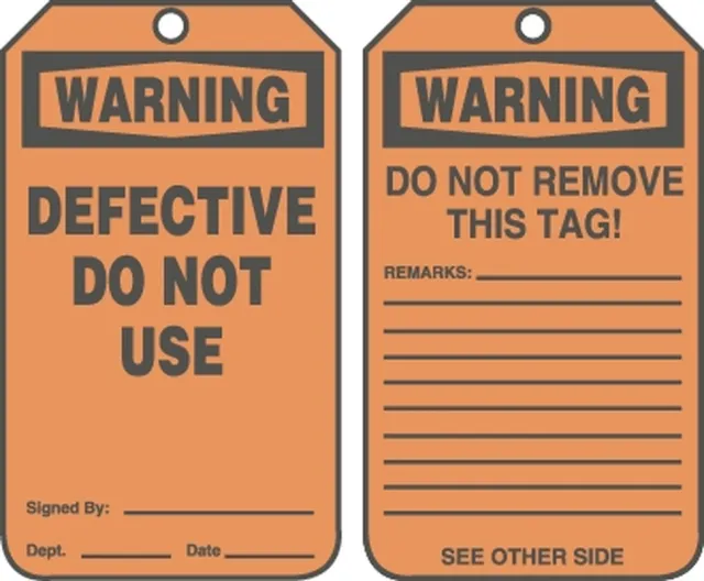 Safety Tags, WARNING DEFECTIVE DO NOT USE, 5.75in x 3.25in, RP-Plastic, 25PK