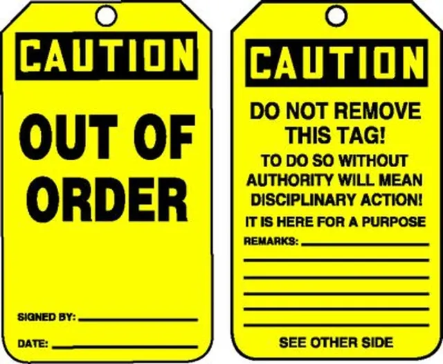 Safety Tags, CAUTION OUT OF ORDER, 5.75in x 3.25in, HS-Laminate, 5PK