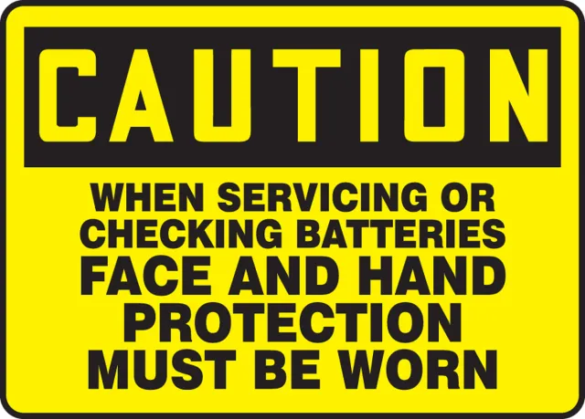 Accuform MELC601XP OSHA Caution Safety Sign: When Servicing Or Checking Batteries Face and Hand Protection Must Be Worn