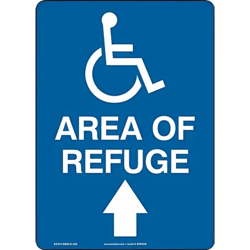 Accuform MFEX599XV 20"" x 14"" Adhesive Dura-Vinyl Safety Sign ""Area of Refuge"" Up Arrow Blue