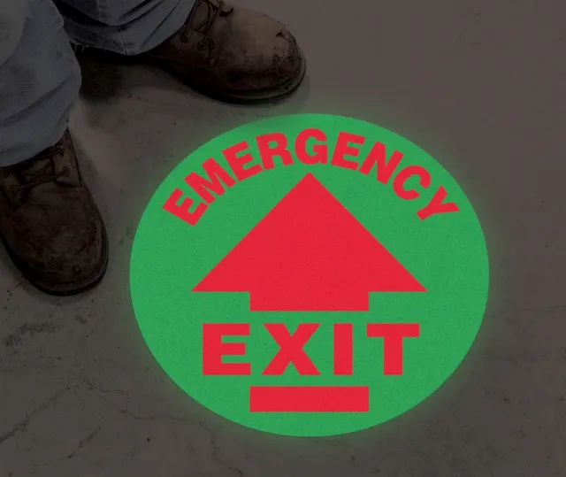 Accuform MFS761 Glow-In-The-Dark Slip-Gard Floor Signs: Emergency Exit (Arrow)