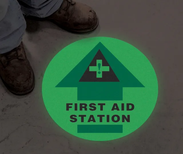 Accuform MFS780 Glow-In-The-Dark Slip-Gard Floor Sign: First Aid Station