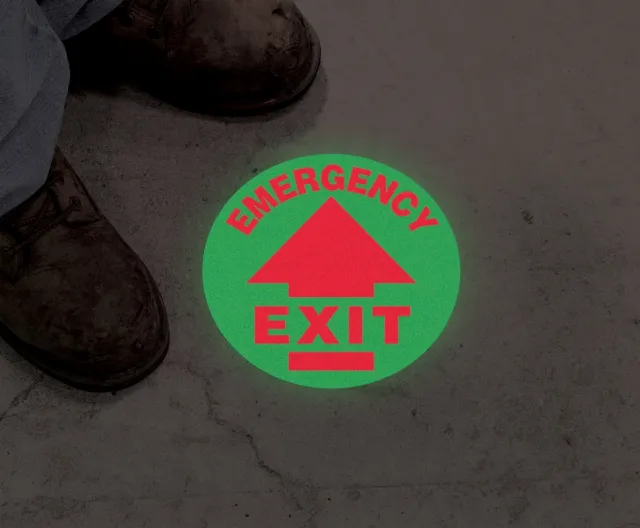 Accuform MFS872 Glow-In-The-Dark Slip-Gard Floor Signs: Emergency Exit (Arrow)