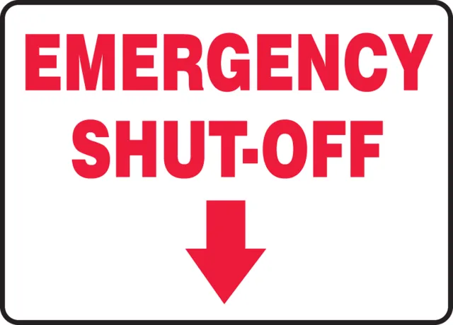 Accuform MFXG541VA Fire Safety Sign: Emergency Shut-Off (down arrow)