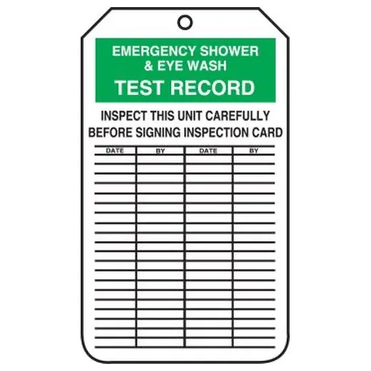 Accuform MGT207LTM 10"" x 7"" Safety Tag: Emergency Shower & Eye Wash Test Record - Inspect This Unit Carefully Before Signing Inspection Card, HS-Laminate