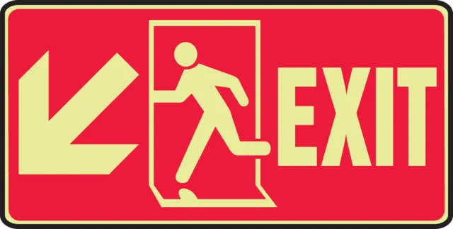 Accuform MLEX512GF Glow-In-The-Dark Safety Sign: Exit (With Graphic And Down Left Arrow)