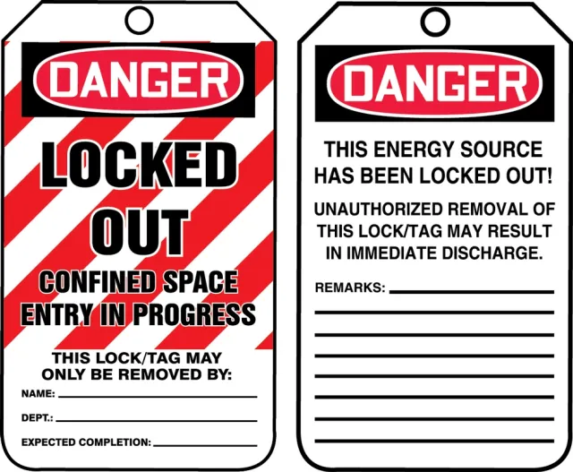 Safety Tags,DANGER LOCKED OUT CONFINED SPACE ENTRY IN PROGRESS, 5.75in x 3.25in, PF-Cardstock, 25PK