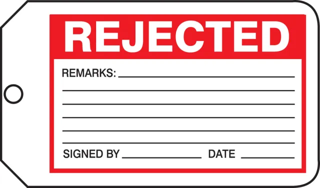Safety Tags, REJECTED, 5.75in x 3.25in, RP-Plastic, 5PK