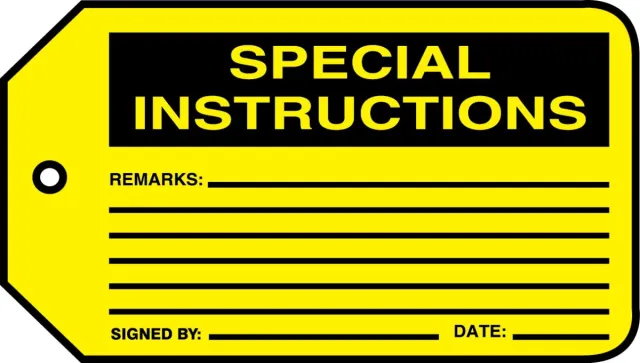 Safety Tags, SPECIAL INSTRUCTIONS, 5.75in x 3.25in, RP-Plastic, 5PK