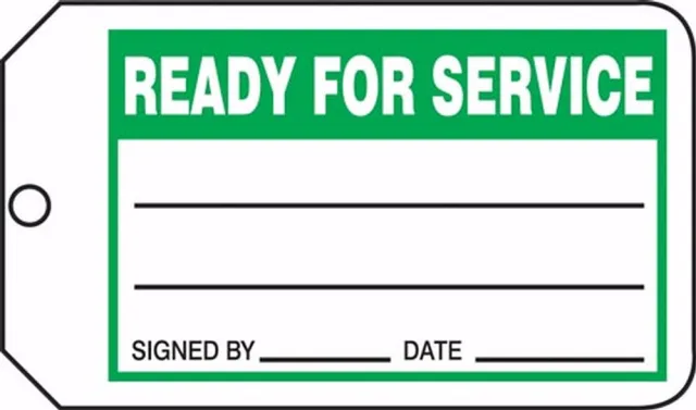 Safety Tags, READY FOR SERVICE, 5.75in x 3.25in, RP-Plastic, 5PK