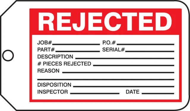 Safety Tags, REJECTED, 5.75in x 3.25in, RP-Plastic, 5PK