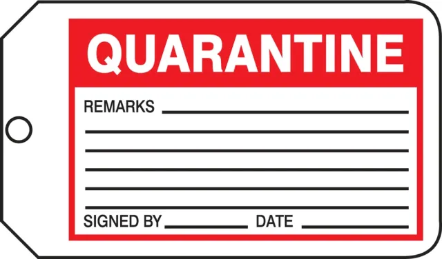 Safety Tags, QUARANTINE, 5.75in x 3.25in, RP-Plastic, 5PK