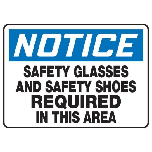 Accuform MPPE835XV 10"" x 14"" OSHA Notice Safety Sign: Safety Glasses And Safety Shoes Required In This Area, Adhesive Dura-Vinyl