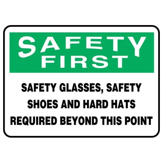 Accuform MPPE917VS 7"" x 10"" OSHA Safety First Safety Sign: Safety Glasses, Safety Shoes And Hard Hats Required Beyond This Point, Adhesive Vinyl