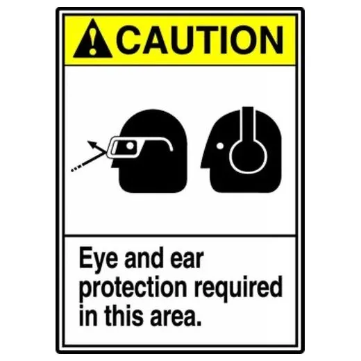 Accuform MRPE604VA 14"" x 10"" ANSI Caution Safety Sign: Eye And Ear Protection Required In This Area, Aluminum