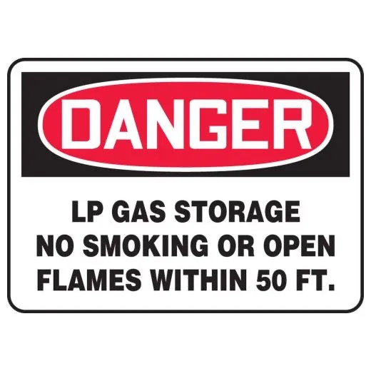 Accuform MSMK010XV 7"" x 10"" OSHA Danger Safety Sign: LP Gas Storage - No Smoking Or Open Flames Within 50 FT., Adhesive Dura-Vinyl