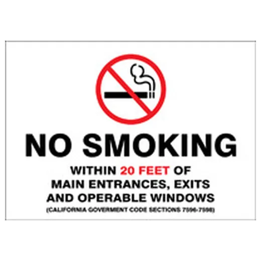 Accuform MSMK495XV 7"" x 10"" Smoking Control Sign: No Smoking Within 20-ft of Entrances... (California) Adhesive Dura-Vinyl
