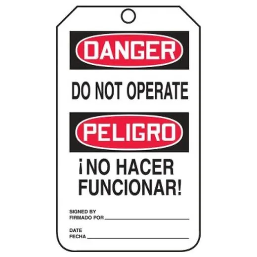 Accuform MSPT504PTM Spanish Bilingual OSHA Danger Lockout Tag: Do Not Operate RP-Plastic