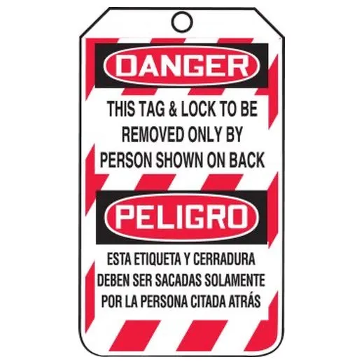 Accuform MSPT505LTM Spanish Bilingual OSHA Danger Lockout Tag: This Tag & Lock to Be Removed Only by Person Shown on Back Hs-Laminate
