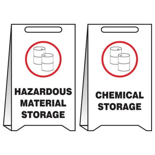 Accuform PFE436 20"" x 12"" Reversible Fold-Up Floor Sign: Hazardous Material Storage - Chemical Storage