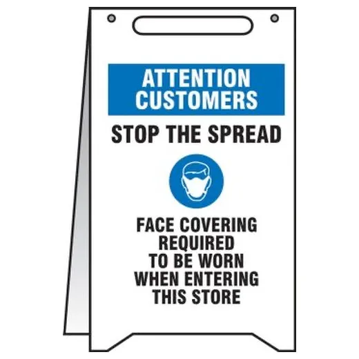 Accuform PFR472 20"" x 12"" Fold-Up Safety Sign: Attention Customers Stop The Spread Face Covering Required to Be Worn When Entering This Store
