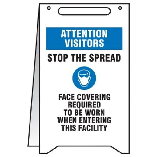 Accuform PFR474 20"" x 12"" Fold-Up Safety Sign: Attention Visitors Stop The Spread Face Covering Required to Be Worn When Entering This Facility
