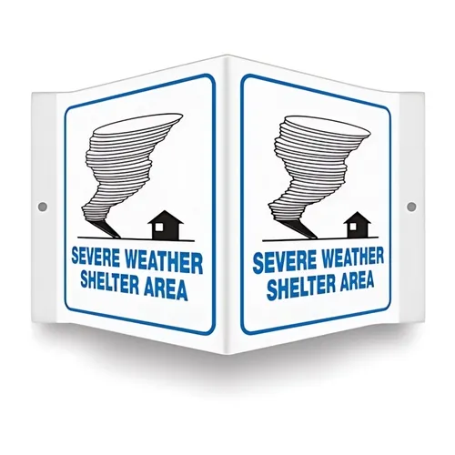 Accuform PSP143 6"" x 5"" Projection Safety Sign ""Severe Weather Shelter Area"", 3D 45-Degree View, Plastic