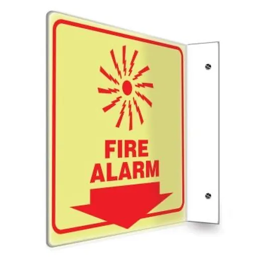 Accuform PSP451 Lumi-Glow Plastic Glow-In-The-Dark Safety Sign: Fire Alarm (Graphic and Down Arrow) 90D 8"" x 8"" Panel