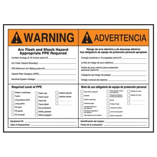 Arc Flash Label, 7 in Height, 10 in Width, Vinyl, Vertical Rectangle, English, Spanish