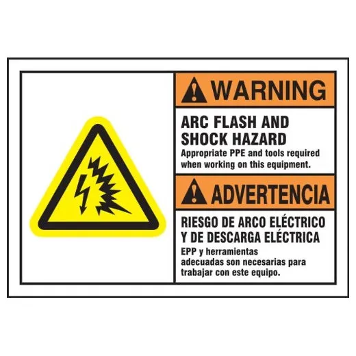 Accuform SBLELC370XVE 4-1/2"" x 10-5/8"" Bilingual ANSI Warning Safety Label: Arc Flash And Shock Hazard - Appropriate PPE And Tools Required When Working On This Equipment, Adhesive Dura Vinyl - Each