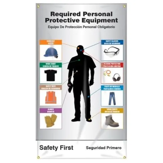 Accuform SBMBR409 43"" x 28"" Construction Site PPE-ID Sign: Required Personnel Protective Equipment (Reinforced Vinyl), Reinforced Vinyl, Bilingual - Spanish/English