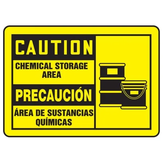 Accuform SBMCHG053MVS 7"" x 10"" Bilingual OSHA Caution Safety Sign: Chemical Storage Area, Adhesive Vinyl